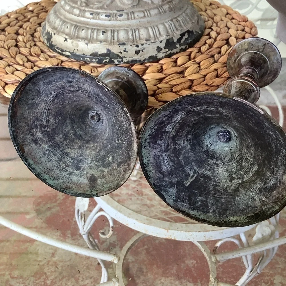 Vintage Antique Patina Silver Tone Candlesticks Taper Candle Holders